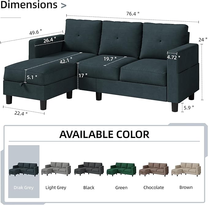 Shintenchi 76" Modern Upholstered Sectional Sofa, L-Shaped Couch with Storage Ottoman and Reversible Chaise for Living Room, Dark Gray Linen Fabric