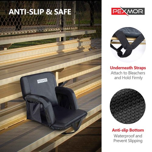 PEXMOR Heated Stadium Seats w/Back Support 3 Level Heating, 5 Reclining Positions Portable Bleacher Chair w/Cushion & Armrest, w/2 Pockets, Carrying Bag, No Battery