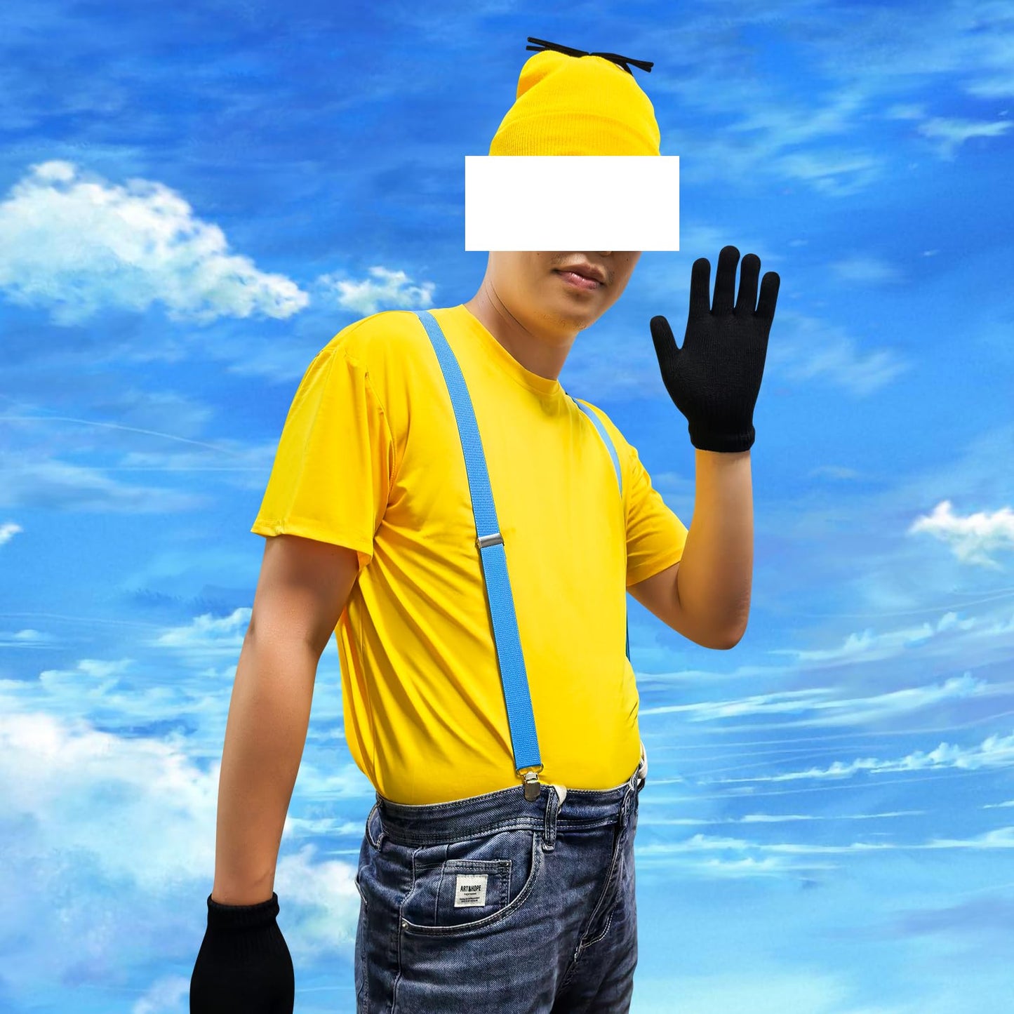 ATAMET 5 Pcs Halloween Costume Accessories Adults-T-shirt/Yellow Beanie hat/Goggles/Gloves/Suspenders Dress Up for Halloween (Yellow, XX-Large)