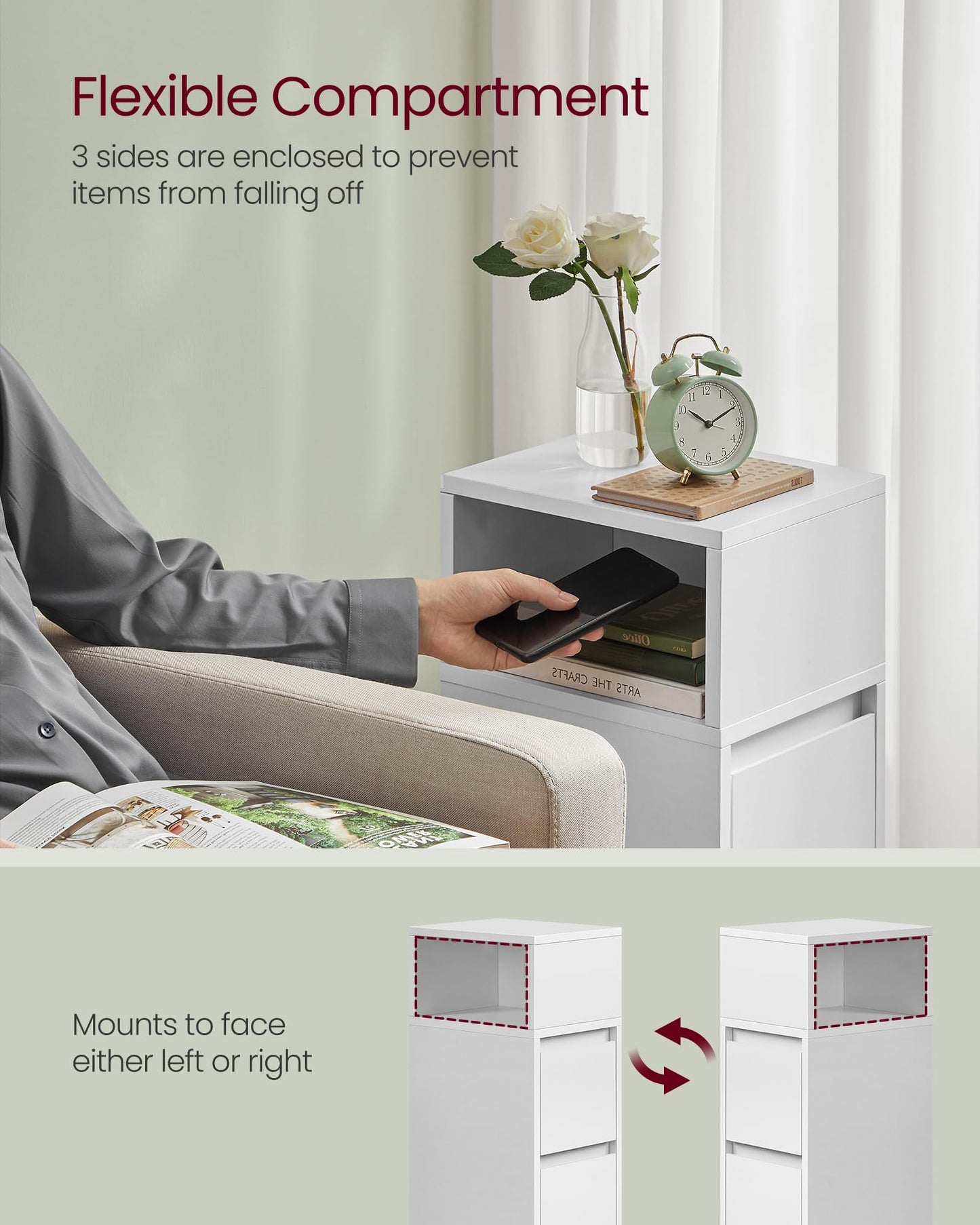 VASAGLE KAILYN Collection - Slim Bedside Tables, Set of 2 Small Narrow Side End Tables with Drawers, Flexible Open Compartment, for Bedroom, Living Room, Cloud White LET856W01