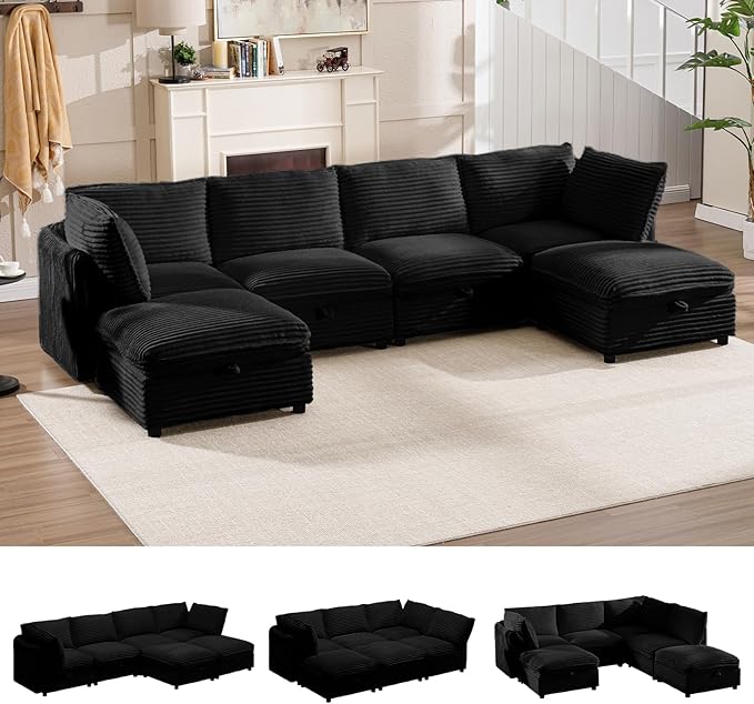 125" Oversized Modular 6 Seater Sofa with Removable Covers and Storage, Convertible U, L-Shaped and Sleeper Sectional, Modern Corduroy Couches with Ottoman Chaise for Living Room, Apartment, Black