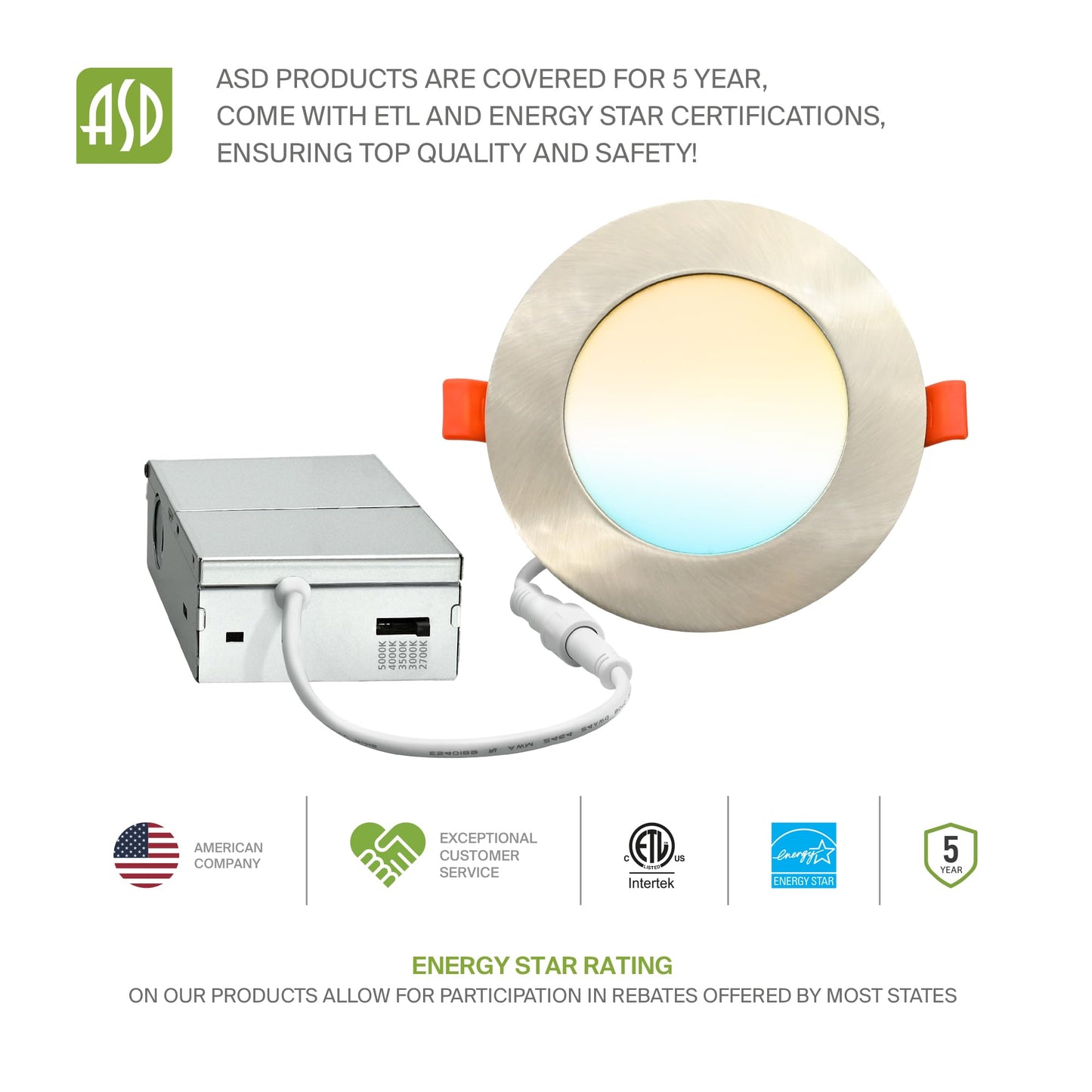 ASD 6 Pack LED Recessed Lighting 4 Inch 9W, 5 CCT 2700K-5000K CRI90+, IC Rated Ultra Thin Dimmable Ceiling Lights with J Box, Canless Wafer Downlight, Round Slim Panel Light, Energy Star ETL, Nickel