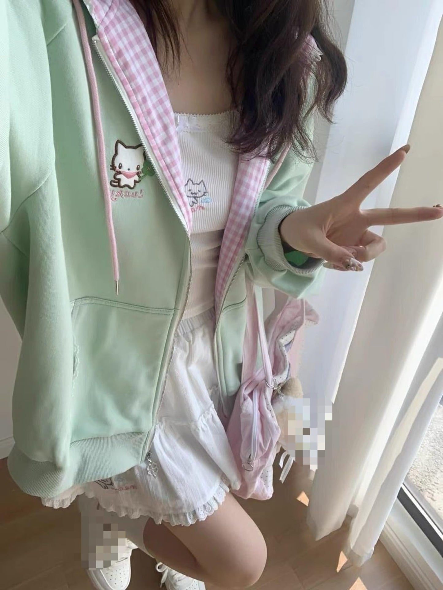 Pokn Y2K Jojifuku Cutecore Kawaii Hoodie Clothes Women Long Sleeves Tops Graphic Cutecore Shoujo Clothes (Medium,Green1)