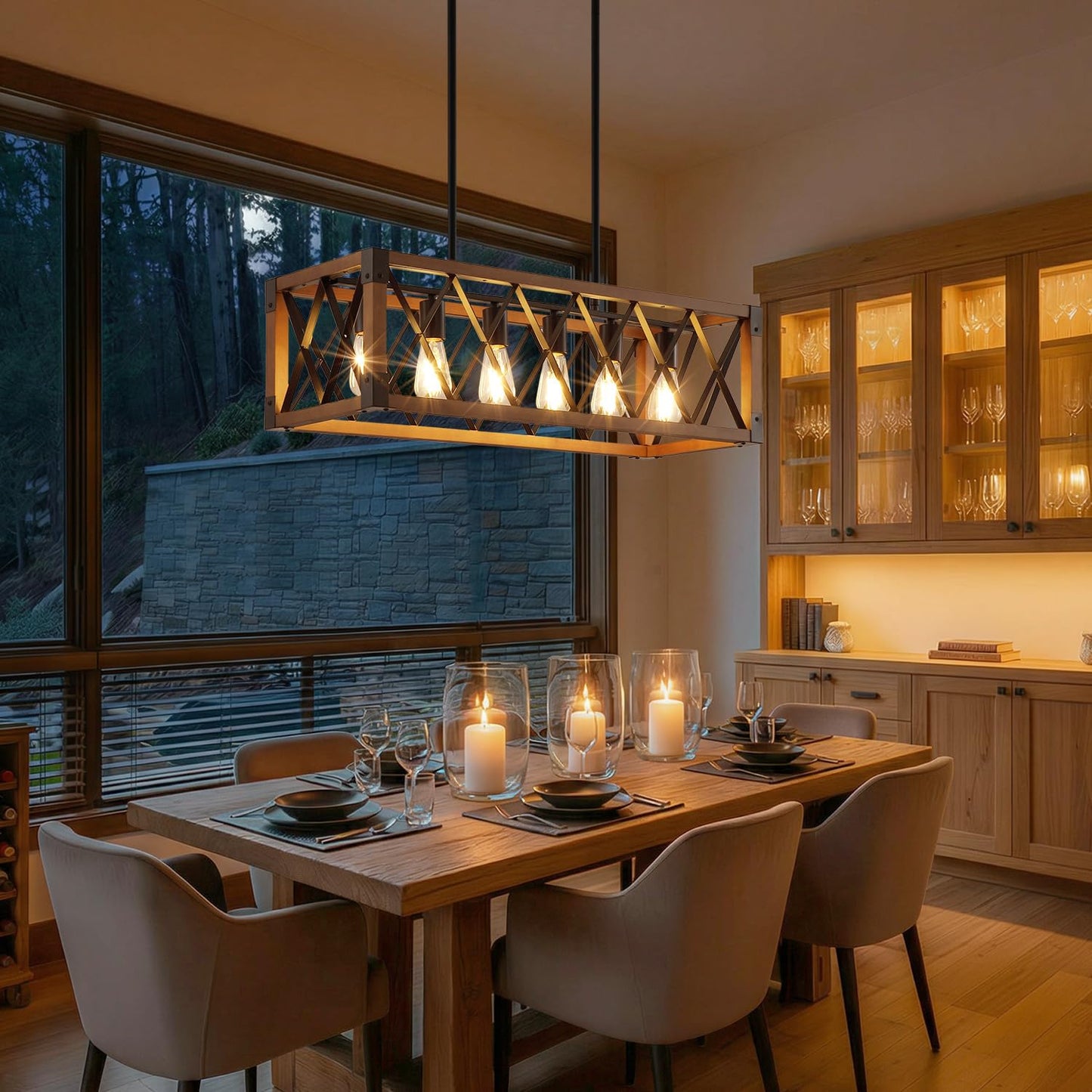 Dining Room Light Fixture/Chandelier Over Table,Matte Black Rustic Wood Ceiling Pendant Light,6-Light Kitchen Island Lighting Fixtures, Linear Farmhouse Chandeliers for Dining Room,Kitchen Island