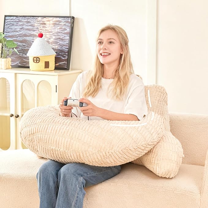 PAJEO Back Pillow for Bed Sitting Up,U Shaped & Back Support Pillow for Bed,17" Backrest with Lumbar & Arm Support,Comfy Corduroy Fabric,Lap Pillow for Gaming/Reading/Watching TV,White
