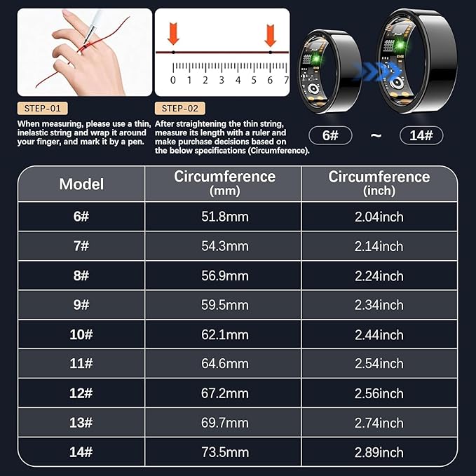 Smart Health Ring for Women Men, Fitness Tracker Ringwith Heart Rate, Blood Oxygen, Sleep Tracker, stepTracker, No Subscription Fee,lP68 Waterproof Smart Ringfor iPhone & Android (Black. 6#)