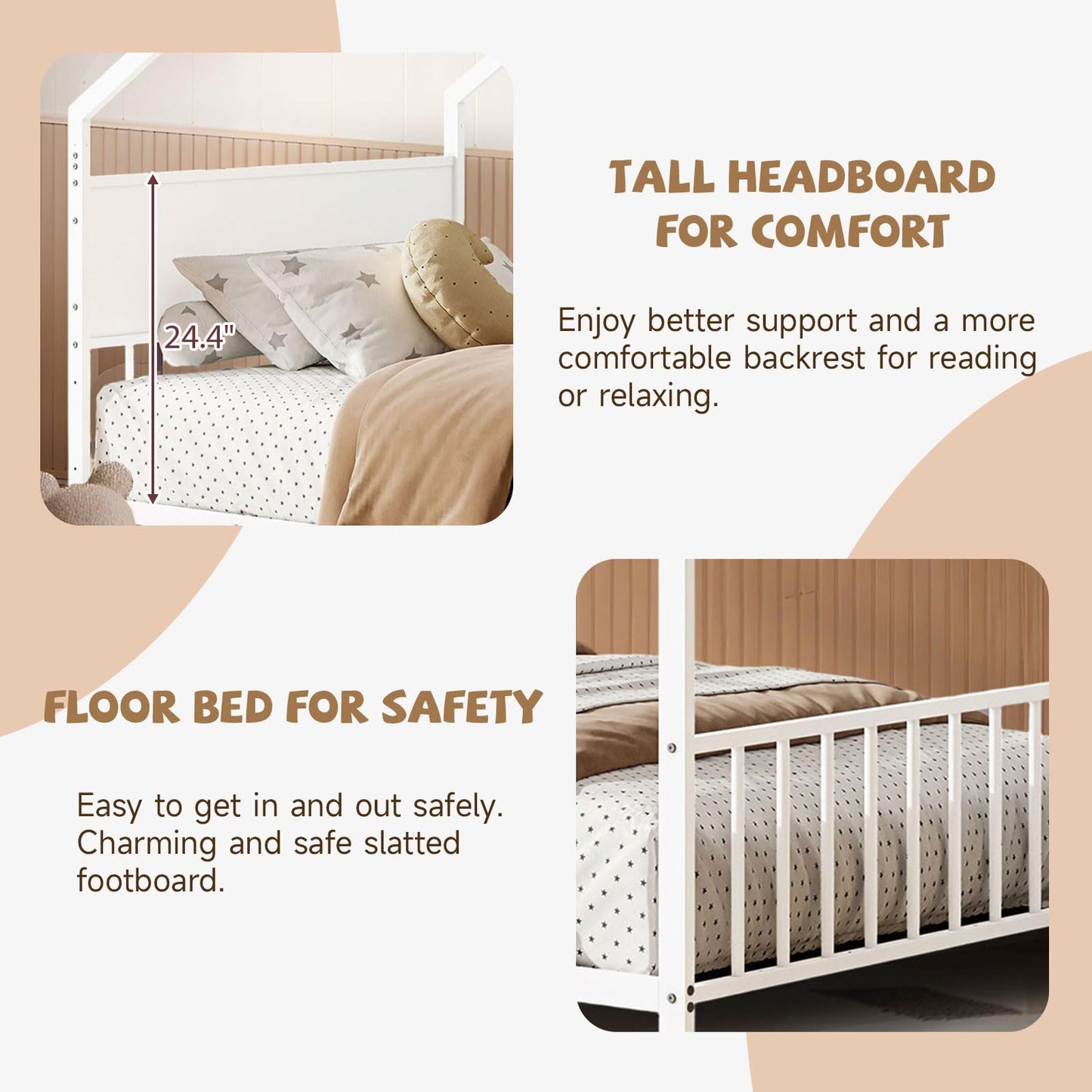 Osparple Twin Size Toddler Floor Bed with LED Light, Metal Montessori Bed Frame, Metal House Bed, Playhouse Floor Bed, Platform Bedframe with Headboard, Footboard and Slats Support for Boys and Girls