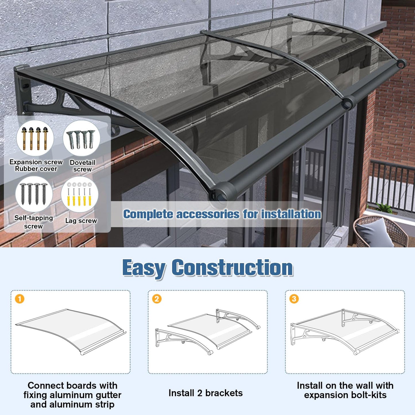 Awning for Door Entrance, Window Awnings Exterior with Aluminum Bracket Polycarbonate Board, Patio Balcony Porch, UV Rain Snow Protection Gray 60x60cm/24x24in