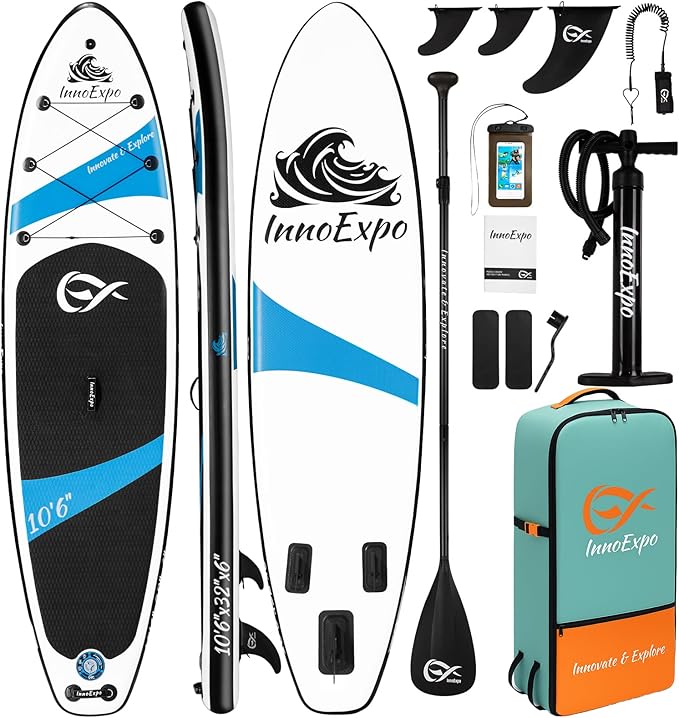 InnoExpo Inflatable Stand Up Paddle Boards with Premium Accessories, Wide Stable SUP Paddle Board Design, Non-Slip Comfort...