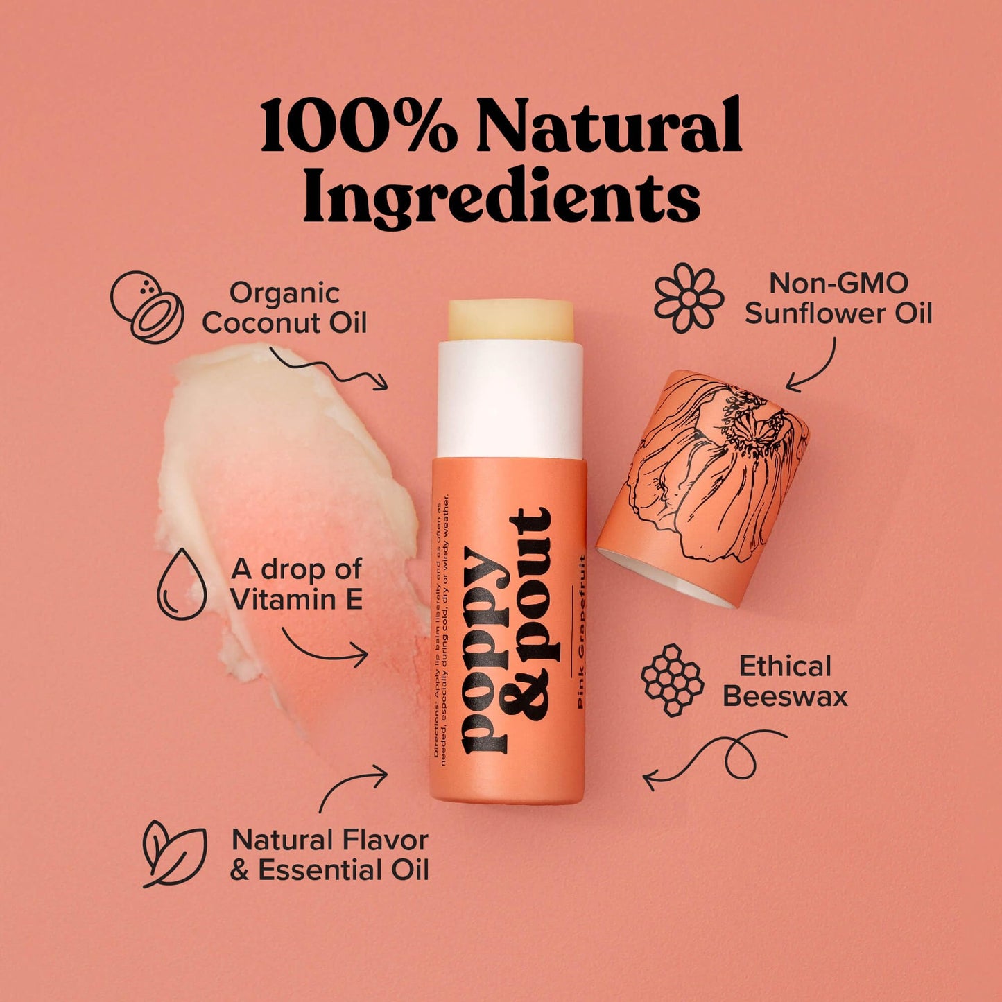 Poppy & Pout Pink Grapefruit Jumbo Lip Balm | All Natural Lip Balms & Moisturizers | Hydrates with Beeswax, Vitamin E, Organic C