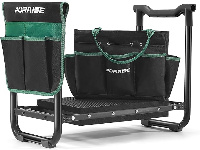 Poraise Garden Kneeler and Seat Heavy Duty, Wider and Thicker Kneeling Pad for Foldable Gardening Stool with 2 Tool Pouches, Gardening Gifts Tools for Women Mom Men Seniors