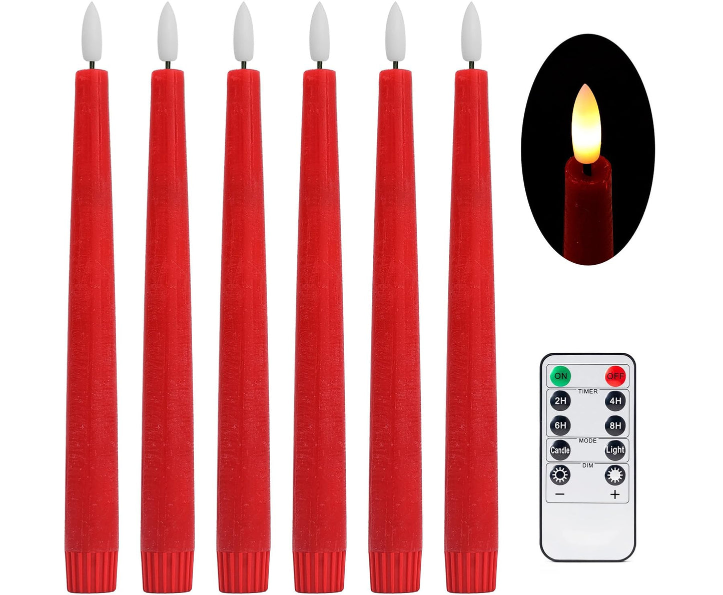 Stmarry Red Real Wax LED Flameless Taper Candles with Remote and Timer, 9.65 Inch Flameless Candlesticks, Dripless Battery Operated Candles with 3D Flickering Flame - Set of 6