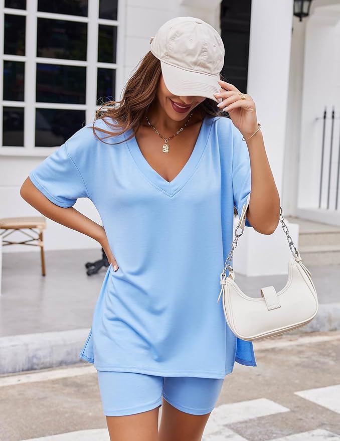 Ekouaer Womens Pajamas 2 Piece Lounge Sets Oversized V Neck T-Shirts Tops Biker Shorts Set Workout Reversible Tracksuit S-XXL