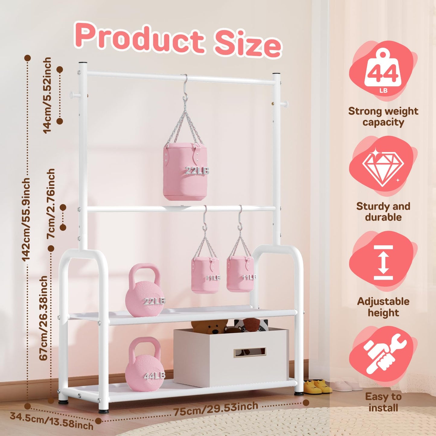 ZHKINGGS Kids Clothing Rack with 2-Layer Storage Shelf and 2 Adjustable Hanging Rods, Small Baby Closet Organizer for Hanging Clothes, Kids Dress Up Rack for Child (Classic, White)
