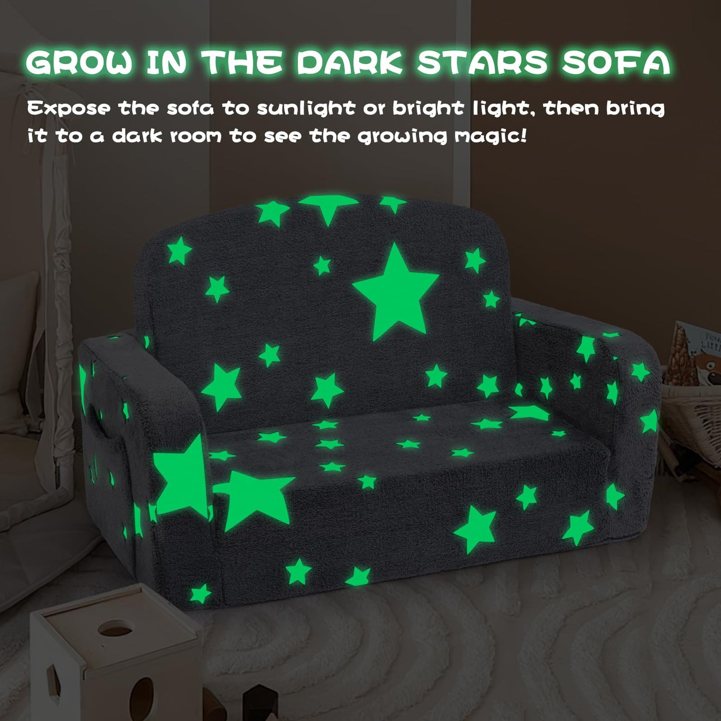 Foryoomi Extra Wide Kids Couch, 2-in-1 Soft Toddler Couch with Blanket, Glow in The Dark, Comfy Toddler Chair with Cloud Pillow, Convertible Sofa to Lounger, Star