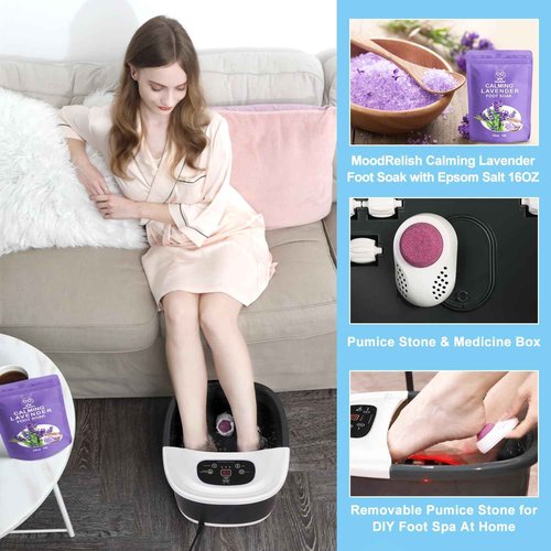 Foot Spa Bath Massager with Heat Bubbles and Vibration Massage and Jets, 16 OZ Calming Lavender Foot Soak Epsom Salt, MoodRelish Foot Soaker with Red Light, 22 Massage Rollers, Adjustable Temp - Black