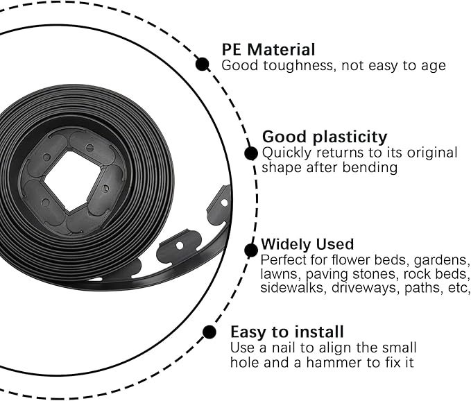 Landscape Edging 66ft, 2IN Tall Garden Edging with 60pcs Archoring Spikes, Flexible Lawn Edging Borders Kits, Plastic Edging for Landscaping, Garden Fence, Flower Beds, Paving Edging, Black
