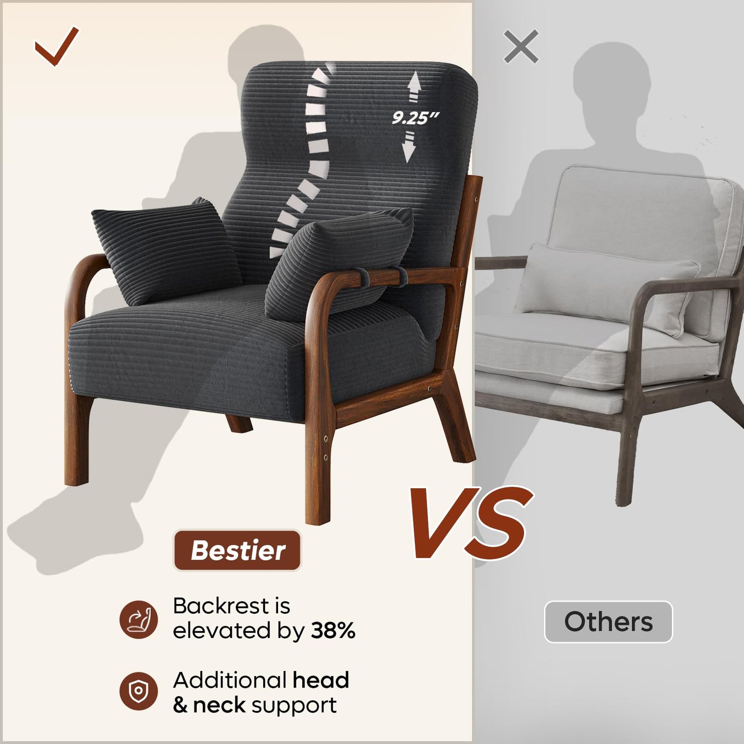 Bestier Mid Century Ergonomic Accent Chair, 105° Backrest Angle with Pillow, High Back Living Room Chair with Head/Back/Armrest Support, Thick and Comfy Seat Cushion Reading Chair, Grey