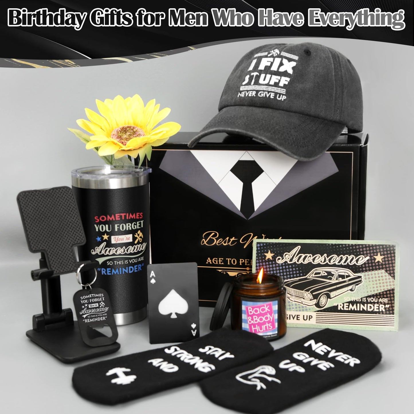 Gift Baskets for Men Dad Husband Boyfriend, Unique Birthday Gifts for Mens Him Who Have Everything, Funny Grandpa Uncle Father Brother Teacher Man Black Christmas Anniversary Tumbler Set Ideas