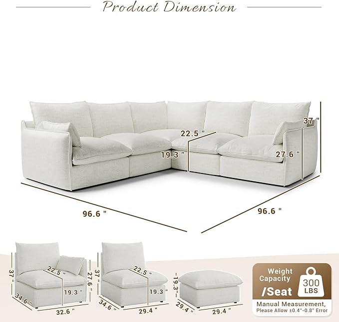Forest aesthetics Cloud Modular Sectional,V Shape 5 Seater Waterproof High Backrest Sectional Sofas,Down Filled Modular Couch with Removable Washable Cover for Living Room,Cream White