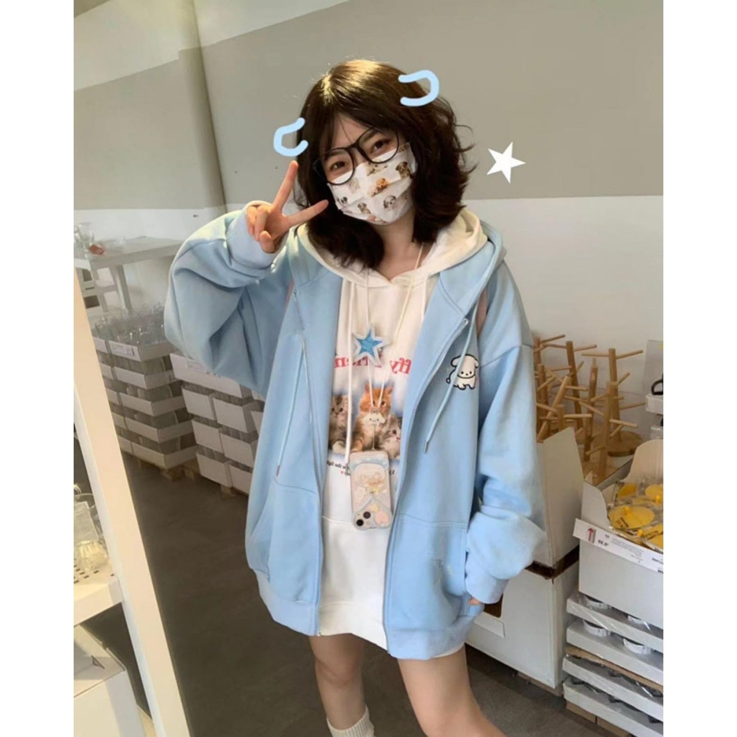 QJK Kawaii Clothes Cute Hoodie Y2k Jacket Zip Up Y2k Hoodies for Teen Girls Oversized Hoodie (Blue,S,Small)