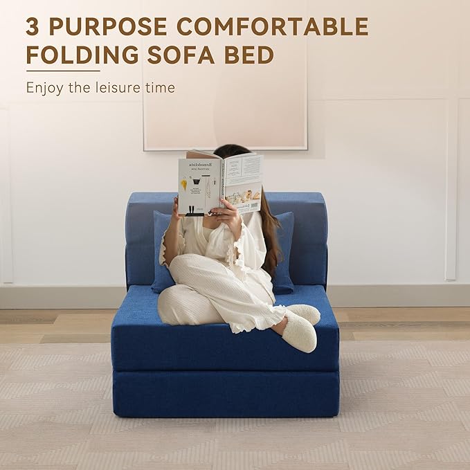 WUTUTUEE Folding Sofa Bed Convertible Floor Couch Foldable Chair Bed with Pillow，Linen Sleeper Chair Futon,Foldable Memory Foam Mattress for Bedroom/Living Room/Dorm/Office (Navy, Single)