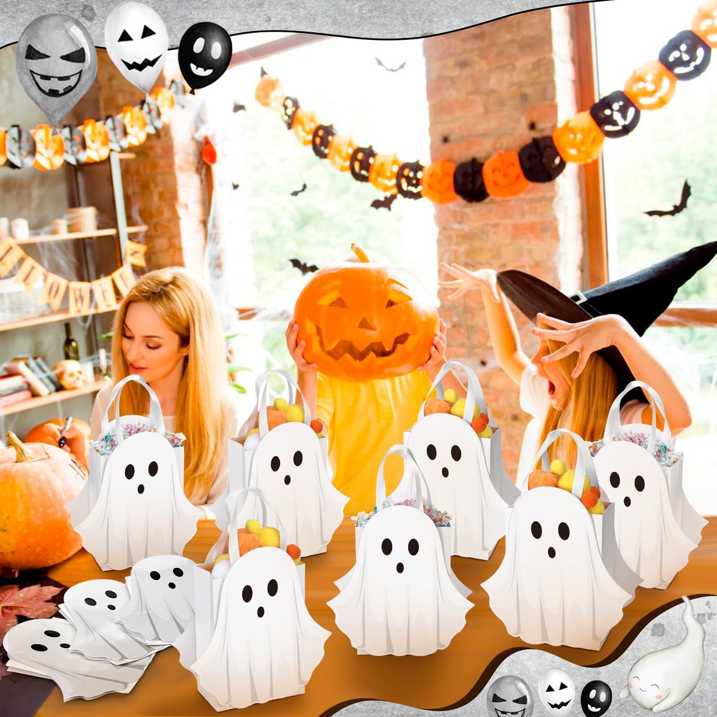 Sweetude 12 Pcs Halloween Ghost Paper Gift Bags Party Favor Bags with Handle for Trick-or-treat Candy Goodie Pastel for Halloween Spooky Birthday Holiday Party Supplies