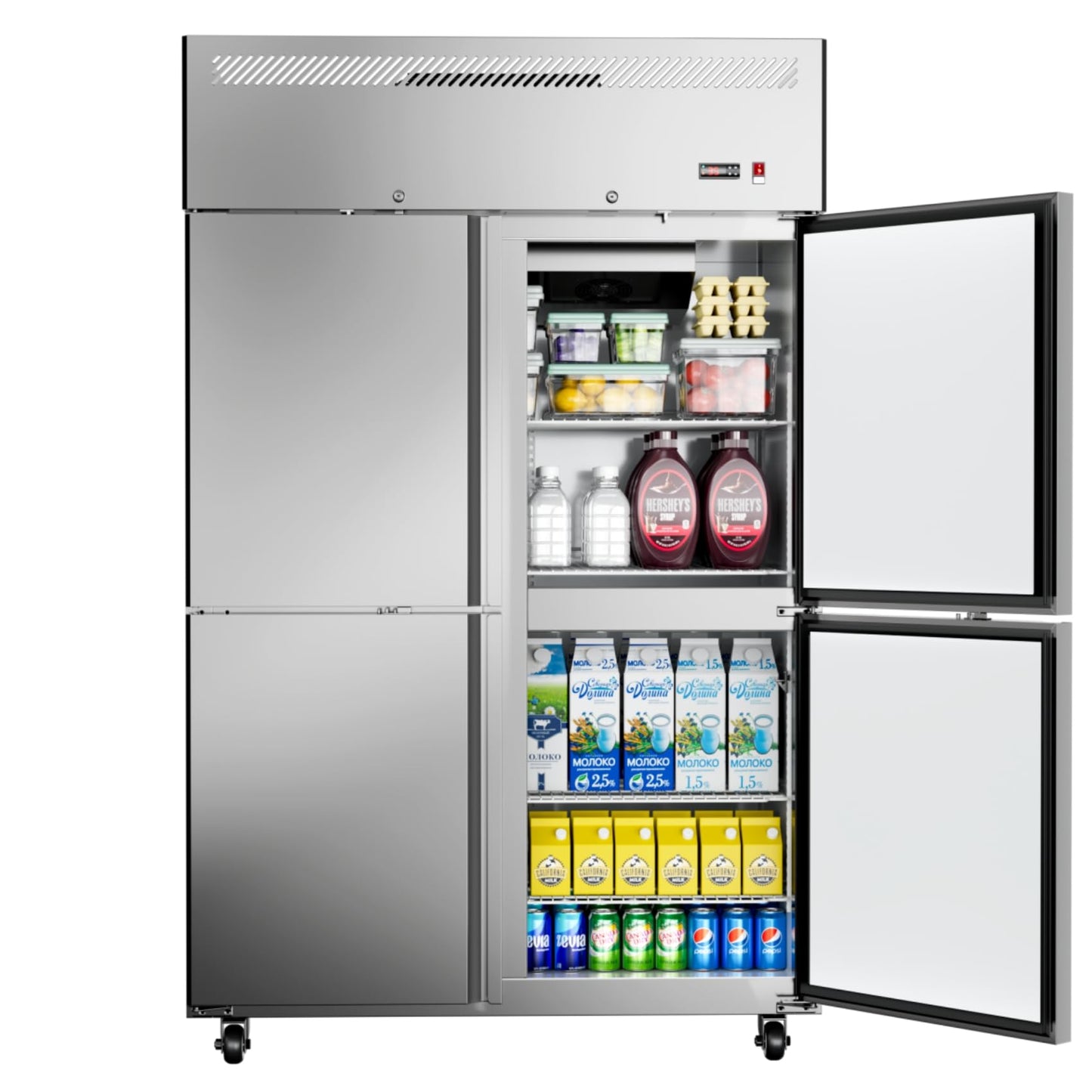 Commercial Refrigerator 48"W 4 Door Stainless Steel Reach-in Solid Door Upright Fridge Fan Cooling 36 Cu.ft Refrigerators 33-41°F for Restaurant, Bar, Shop