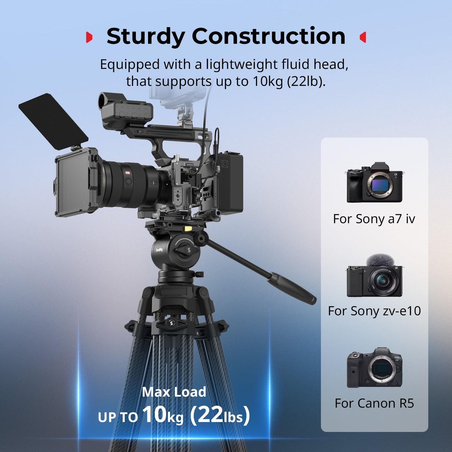 SMALLRIG 73''/185cm Carbon Fiber Heavy Duty Video Tripod, Max Load 10kg (22lbs), Fluid Head with +85° to -78 Tilt Range, Compact Camera Tripod Weight 2.7kg(6lbs), Folded Height 87cm, AD-14-5441
