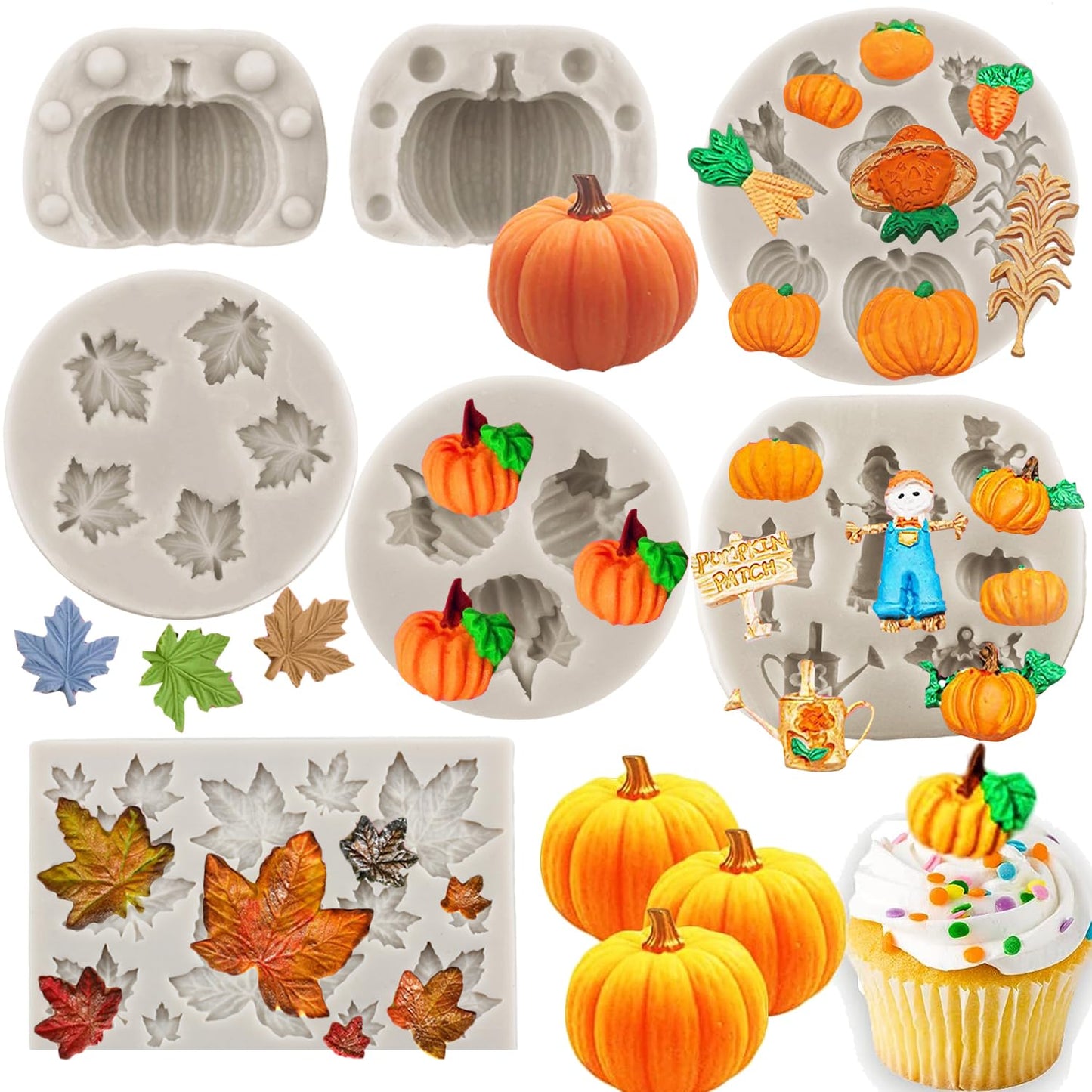 Sijiangmold 3D Pumpkin Mold Fall Maple Leaf Silicone Mold Mini Pumpkin Scarecrow Chocolate Mold Halloween Thanksgiving Cake Molds For Cake Decorating Cupcake Topper Gum Paste Set Of 7