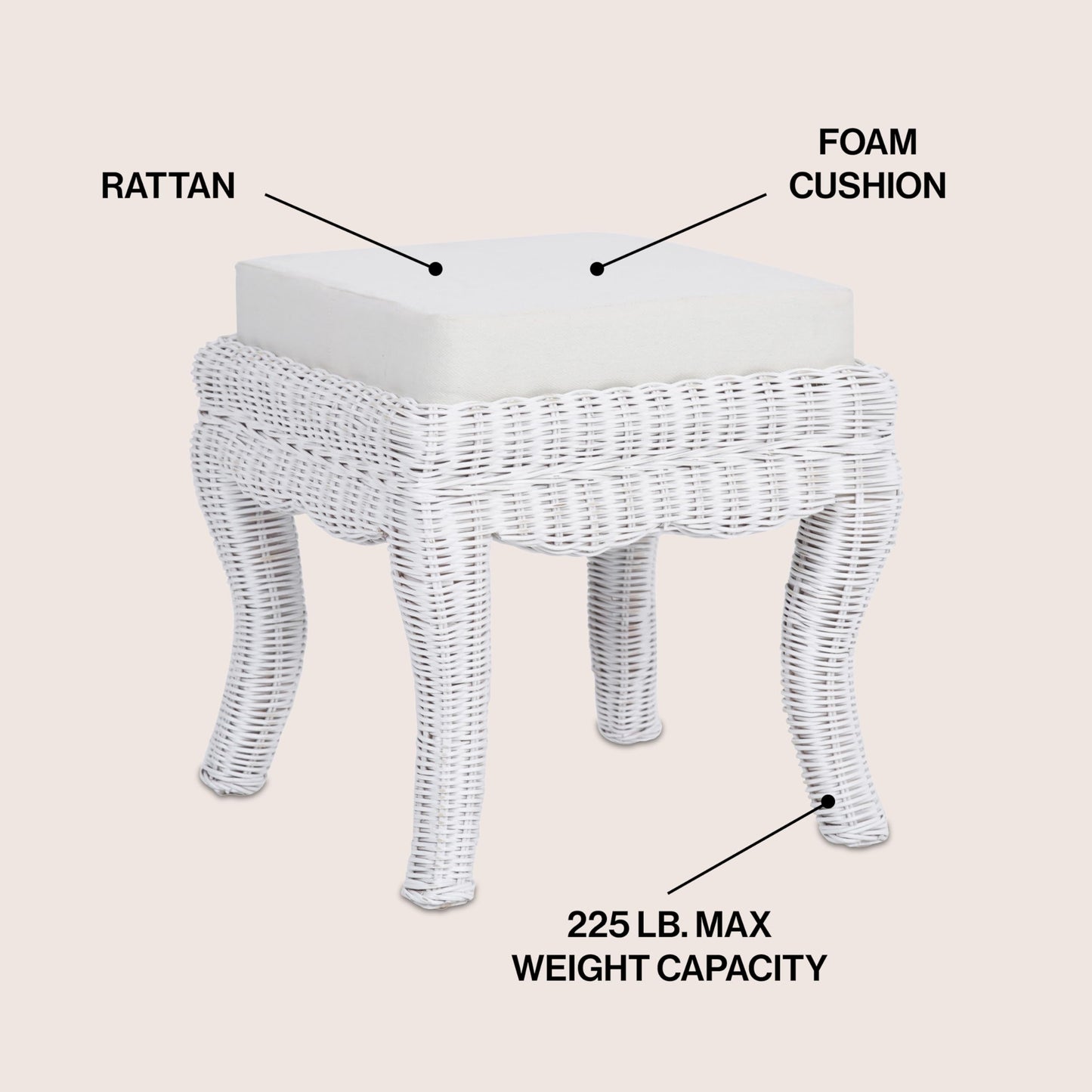 JONATHAN Y VSL1000D Rowan 19.7" Bohemian Designer Woven Rattan/Wood Ottoman Vanity Stool, White Cushion Seat with White Distressed Binded Base, for Living Room, Bedroom, Entryway, Foyer