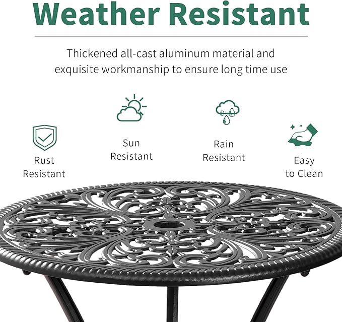 Withniture 3 Piece Patio Bistro Set Cast Aluminum Bistro Table and Chairs Set of 2 with Umbrella Hole,All Weather Metal Bistro Table Set,Outdoor Patio Furniture Set for Garden(Butterfly Black)