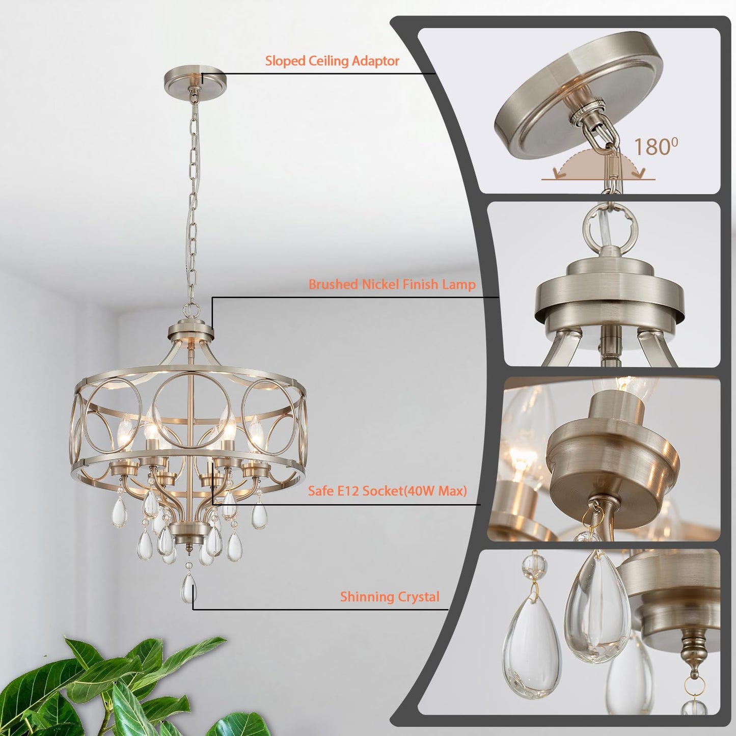 Majhoiw Crystal Chandeliers for Dining Room,17.7" Brushed Nickel 6 Lights Hanging Pendant Lighting Fixture Metal Farmhouse Chandelier for Kitchen Island Entryway Living Room