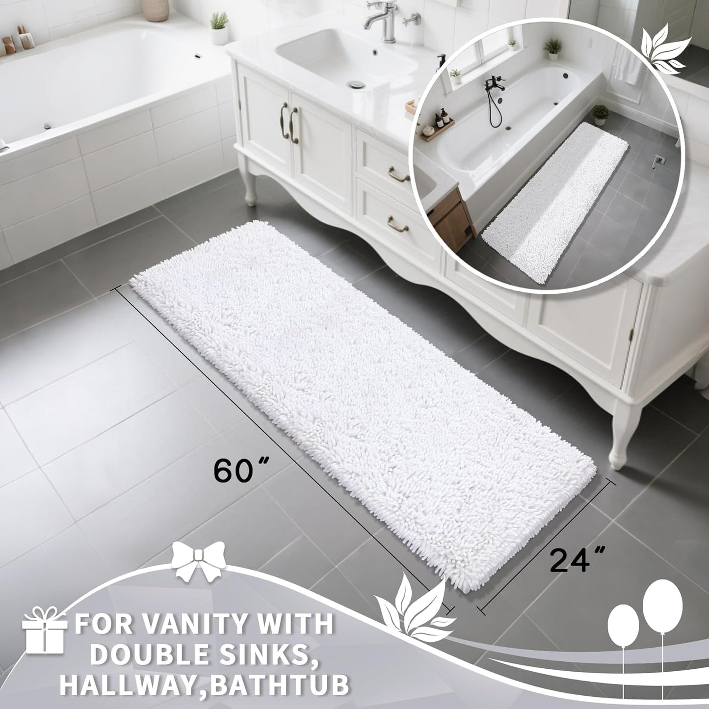 Yimobra Long Bathroom Rugs Runner 60x24 Inch, Extra Thick Soft Absorbent Chenille Bath Mat, Non Slip Machine Washable, Quick Dry Bath Rugs for Bathroom Floor, Tub and Shower, White