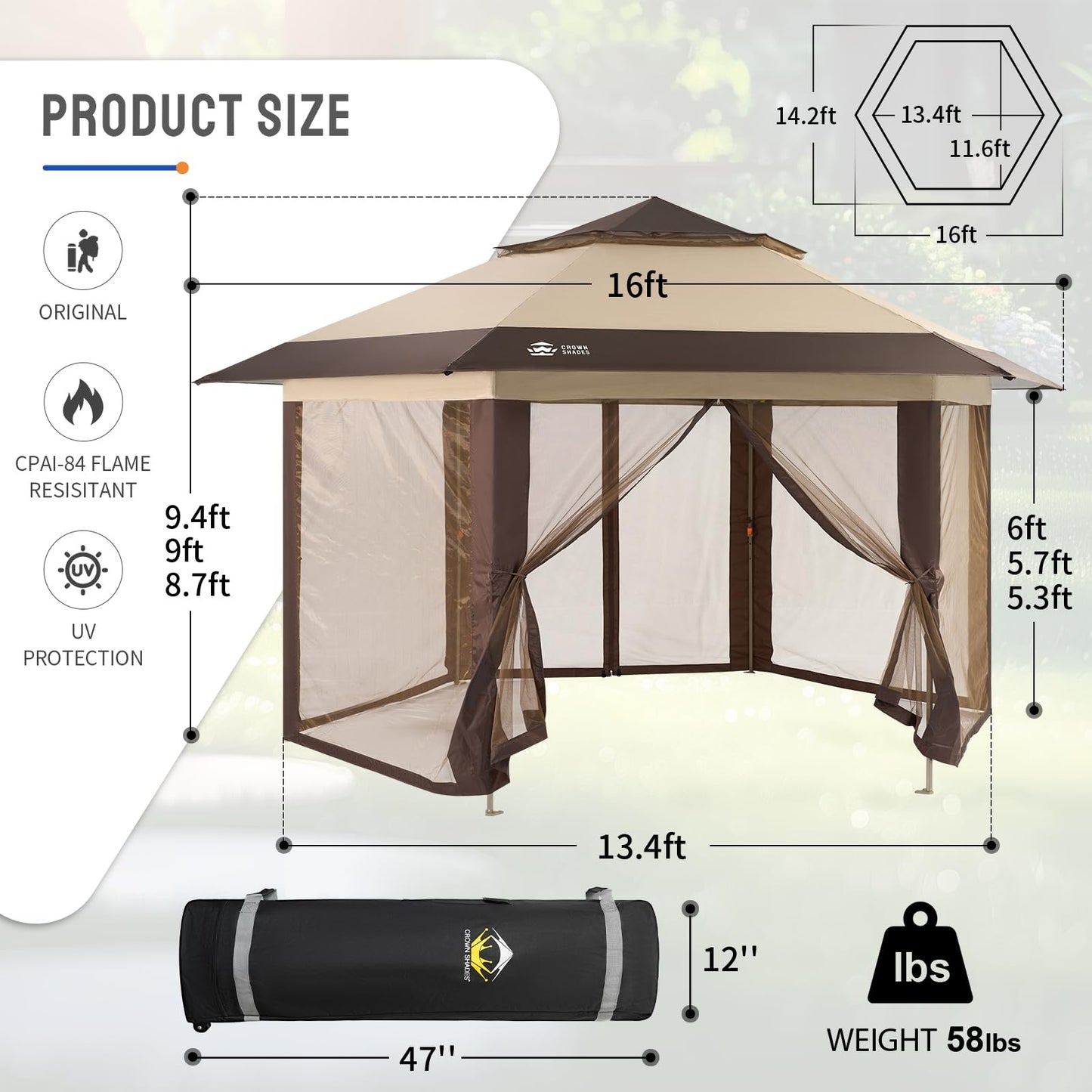 CROWN SHADES 13x13 Pop up Gazebo with Mosquito Nettings, Patented Center Lock 6-Sided Portable Gazebo, 300D Silver-Coated Fabric UV Resistant, Pop Up Canopy Tent for Patio, Party, Beige&Coffee