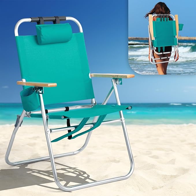 VINGLI Aluminum Backpack Beach Chair – Tall Beach Chairs for Adults, Portable with Adjustable Straps, 3-Position Reclining, Cup Holder, 2 Pillow,High Lightweight Beach Chairs (Green, 17" High)