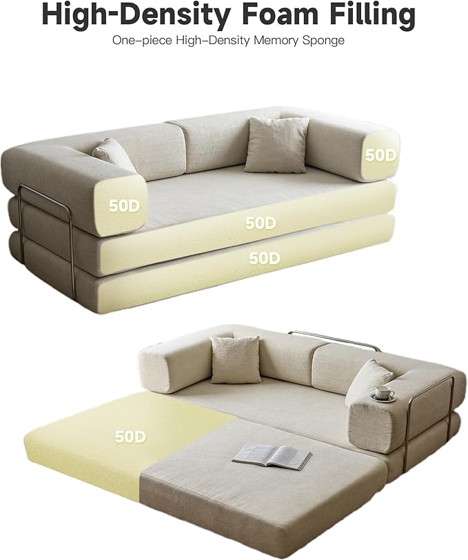 No Assembly Convertible Sofa Bed & 79" Boneless Couch with Pocket , 5-in-1 Futon Sofa Bed with 2 Pillows Modular Pull Out Couch Bed with Frame,Compression in Box for Living Room Small Spaces Beige