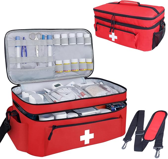 ALSLEA First Aid Bag Empty Large Medical Bag with Shoulder Strap 16”x 9½” x 7” Medicine Organizer Box Travel First Aid kit...
