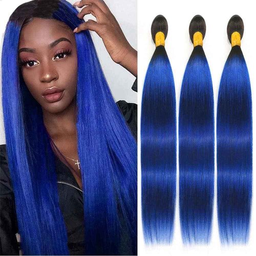 Habiliana Bundles Human Hair 16 18 20 Inch Straight T1B Blue Human Hair Bundles 11A Unprocessed Brazilian Virgin Quick Weave Hair Extensions for Black Women