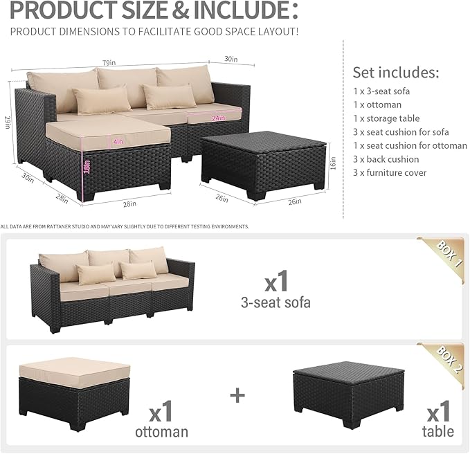 Outdoor Furniture Set 3 Pieces Wicker Patio Furniture Outdoor Sectional Patio Couch Outdoor Coffee Table with Storage All-weather Non-slip Cushions Waterproof Covers, Khaki