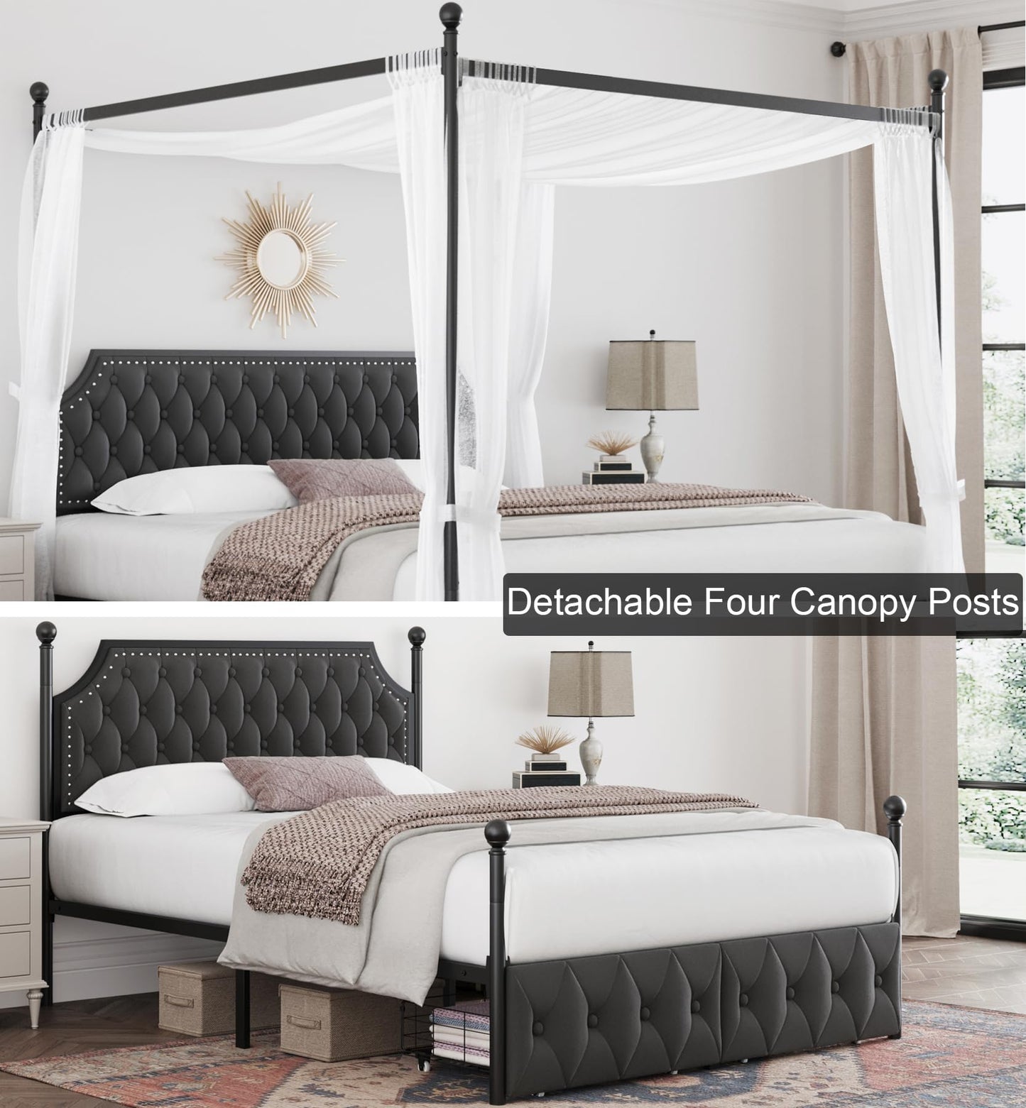 Keyluv Full Upholstered Canopy Bed Frame with 2 Storage Drawers & Button Tufted Headboard, Metal Platform Bed with 4 Removable Posts, Two-Purpose Velvet Bed, Dark Grey/Curtain Not Included