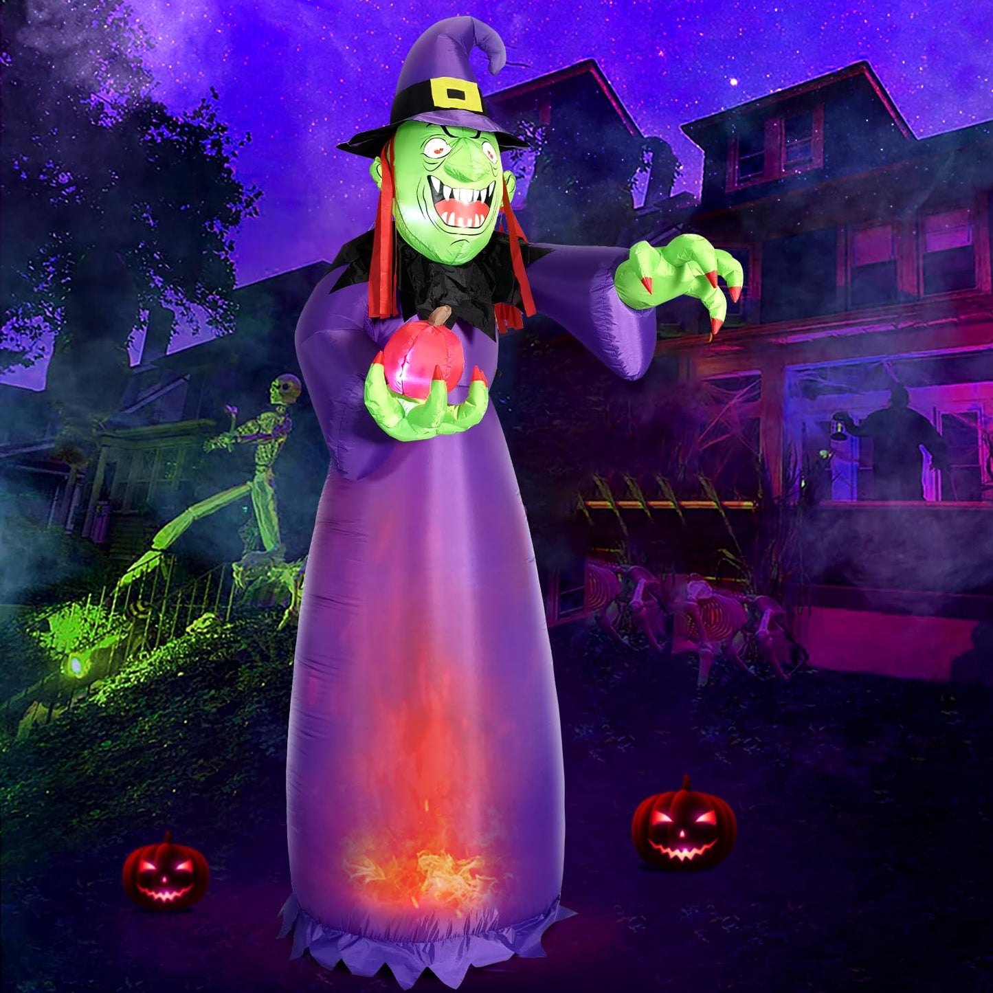 DomKom [Flame Light] 10FT Huge Halloween Inflatable Decoration Witch with Built-in LED Magic Lights, Gaint Holiday Blow Up Decoration for Scary Halloween Party Outdoor, Yard, Garden Lawn Huge Décor