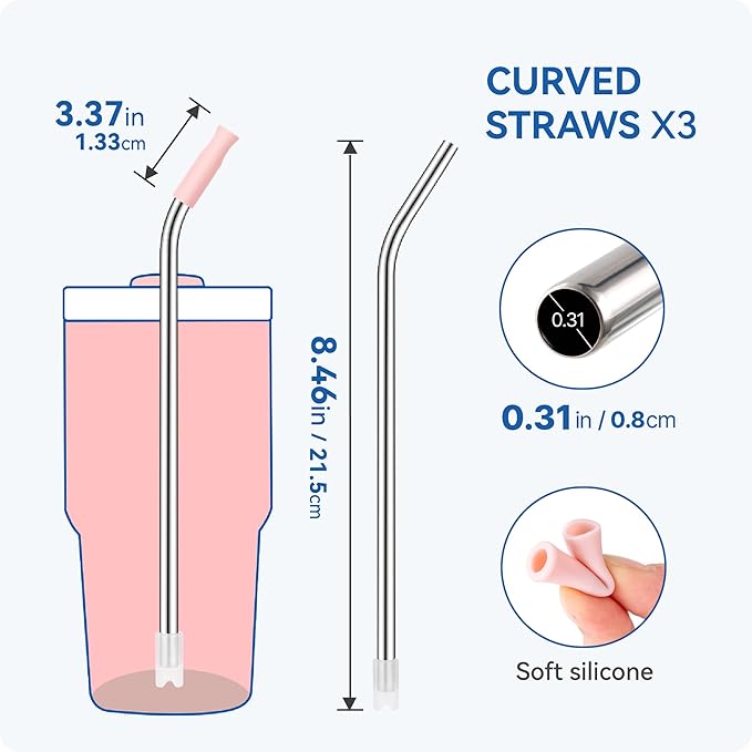 Reusable Metal Straws with Silicone Tip for Stanley 20oz,Stainless Steel Drinking Straws for 20oz Tumbler,3 Bent Tubes & 6 Tips& 1 Cleanr Brush(Chili)