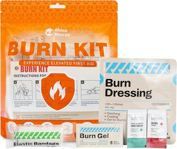 RHINO RESCUE Burn Kit, 4pcs Burn Dressings 4x4”, 8pcs Burn Gel Packets 3.5g, 4pcs Burn Pads, First Aid Kit Cooling Soothin...