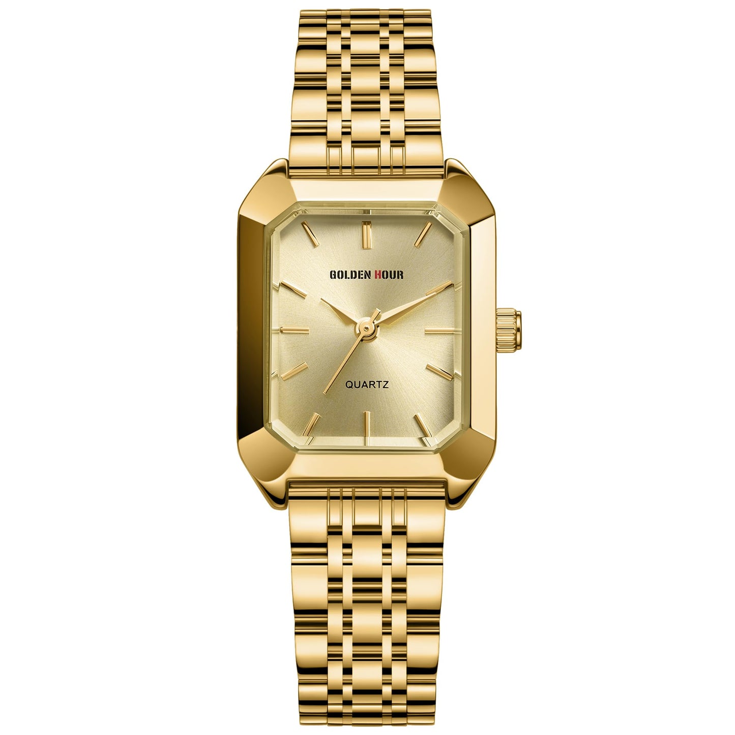 GOLDEN HOUR Women's Rectangular Quartz Watch, Gold Tone Stainless Steel Band, Gold Dial
