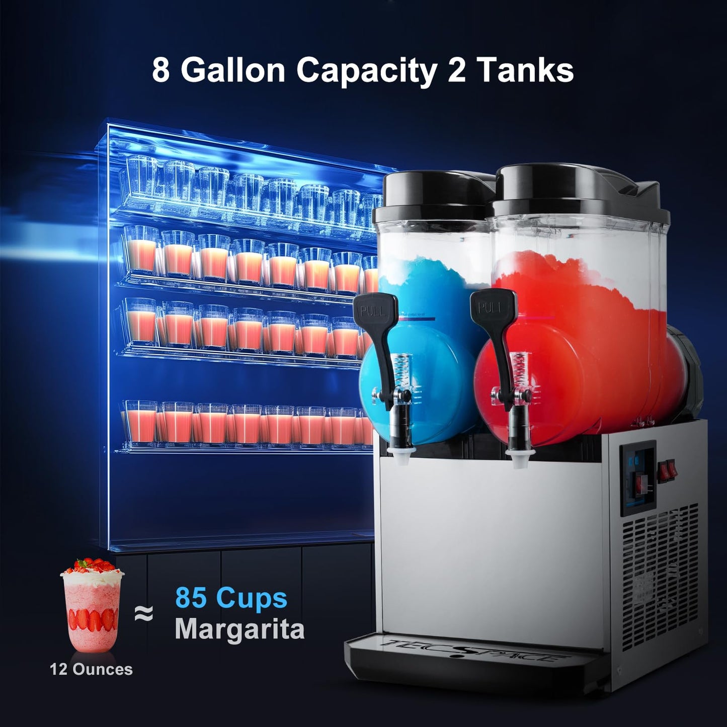 TECSPACE Slushy Machine 2 Tanks 8 Gallons, Commercial Slushy Machine 1060 W, 30L Slushy Maker for Margarita, Cocktail, Wine, Daiquiri