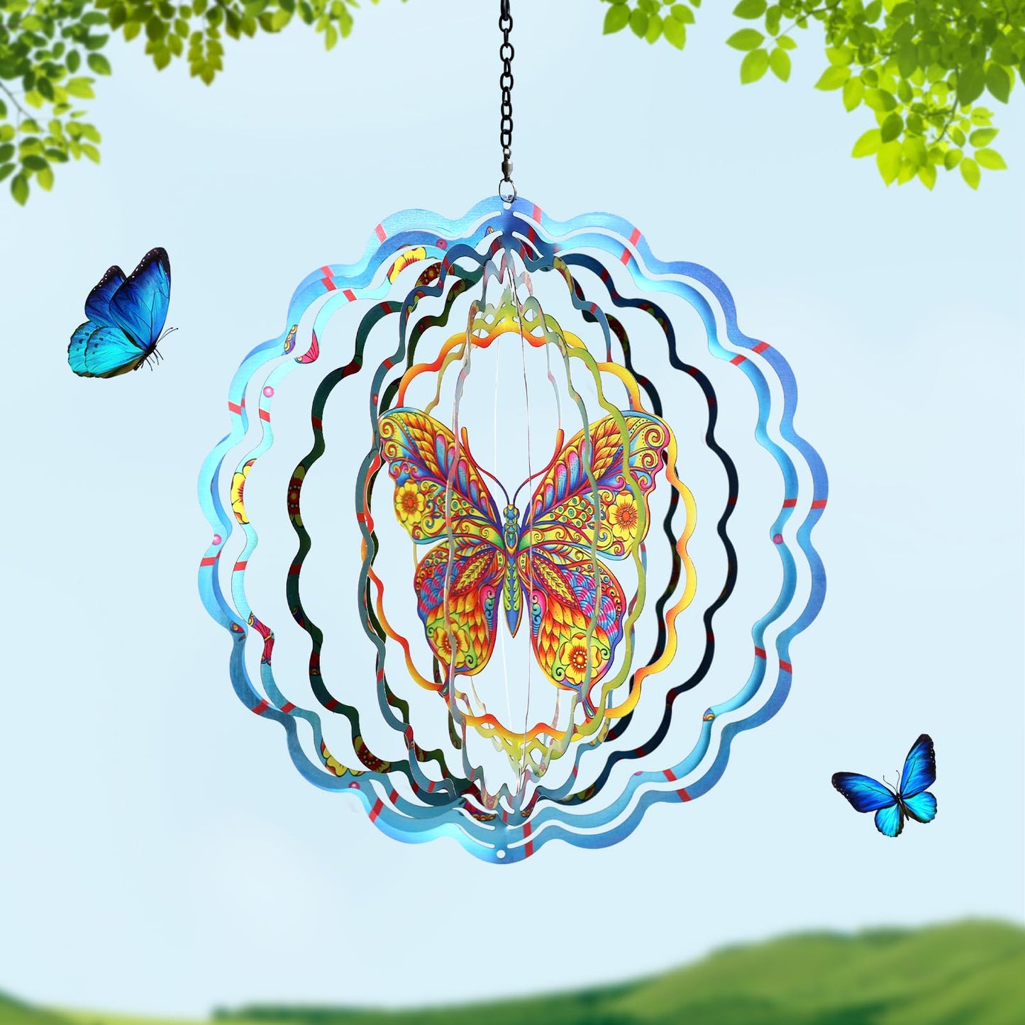 Butterfly Wind Spinners 12 Inch 3D Stainless Steel Hanging Kinetic Wind Sculpture Worth Gifts for Women Metal Windmill Decoration for Garden,Patio,Lawn,Yard
