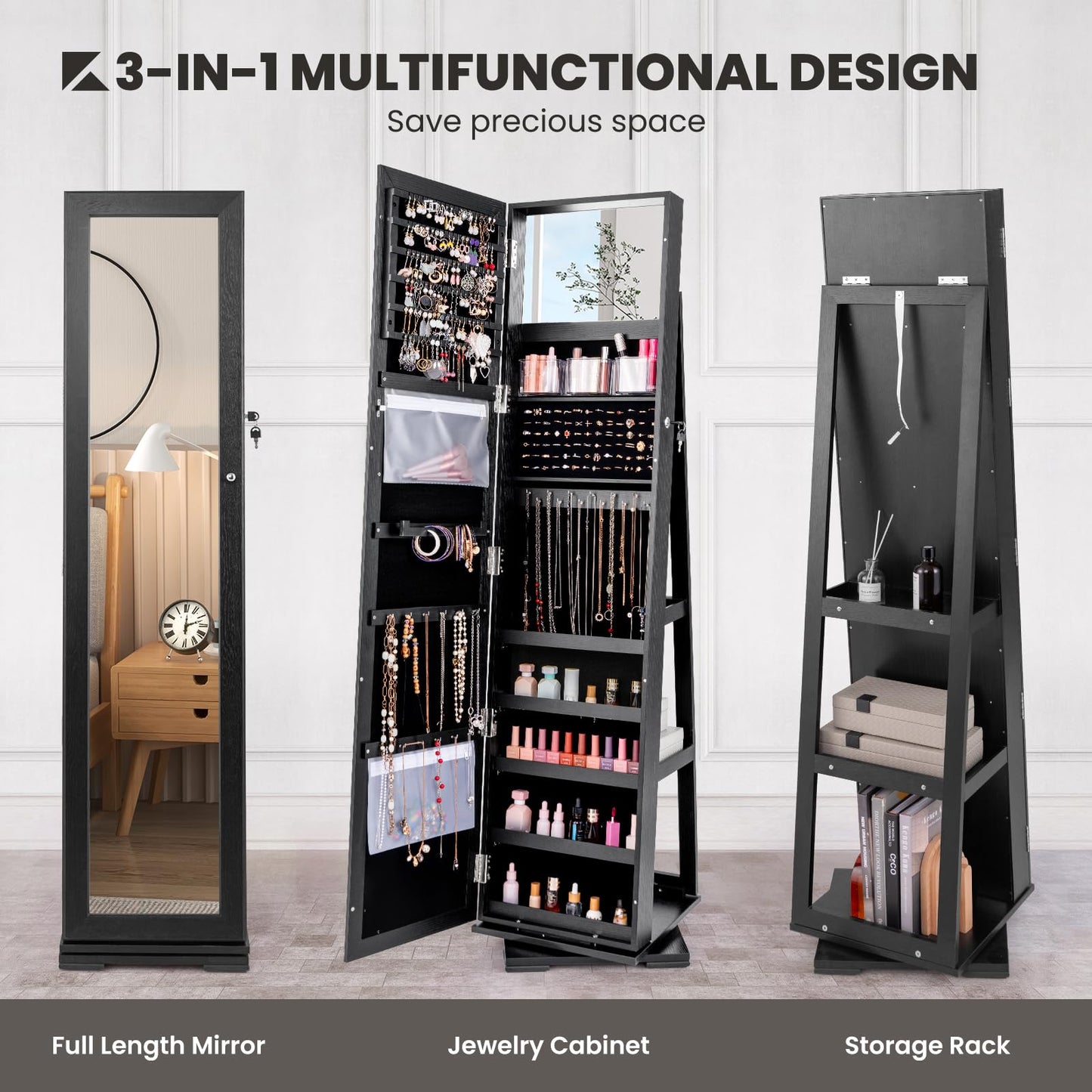 CHARMAID 360° Swivel Jewelry Armoire with Full Length Mirror, Standing Lockable Jewelry Cabinet Organizer, Large Storage Capacity, Inside Makeup Mirror, Back Storage Shelves (Black)