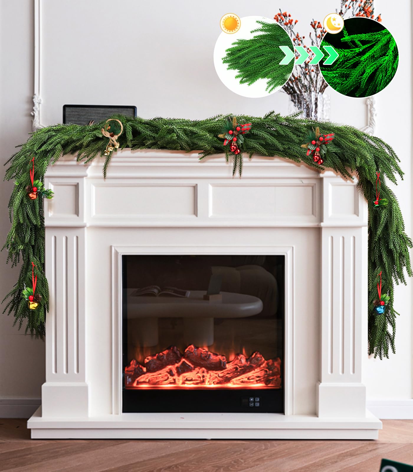 Christmas Garland Glow in The Dark,Artificial Luminous Green Norfolk Pine Garlands,Real Touch Winter Greenery Garland for Christmas Tree Decor Outdoor Garden Table Fireplace Wall Home Decoration