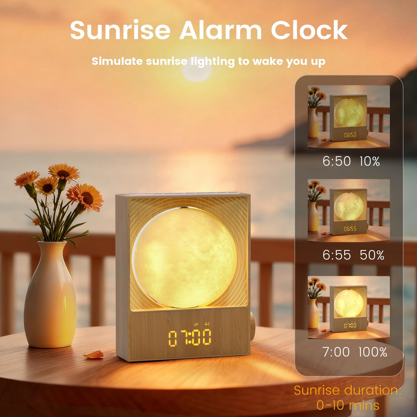 Epochleno Sunrise Alarm Clock, 360-Degree Rotating Moonlight & 10 White Noise Sounds, Dual Alarm & Snooze for Heavy Sleeper, Timer, Wooden Bedroom Light Gift - Wood